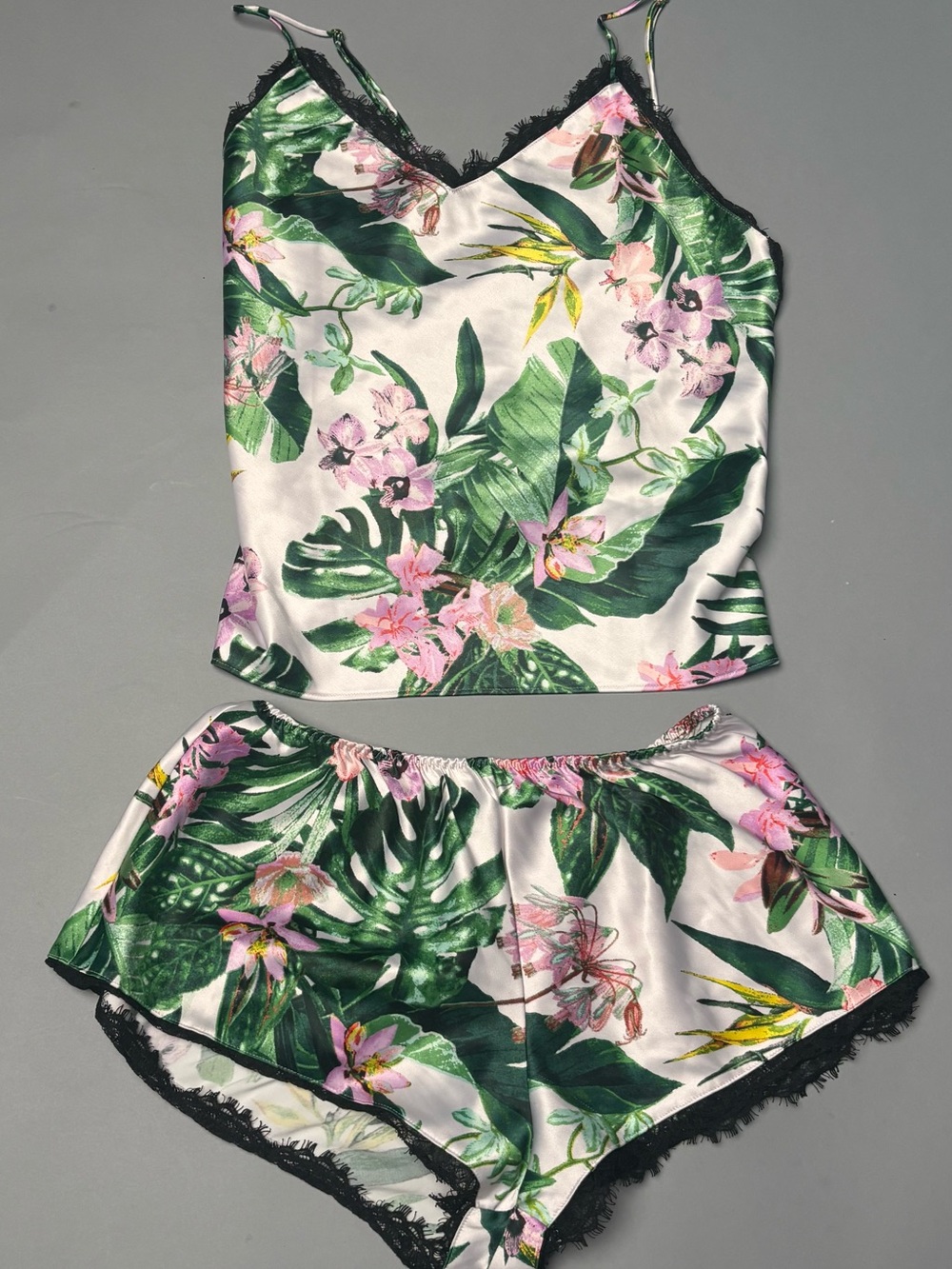 Victoria Secret Tropical Floral Satin Cami & Shorts Pajama Set XS